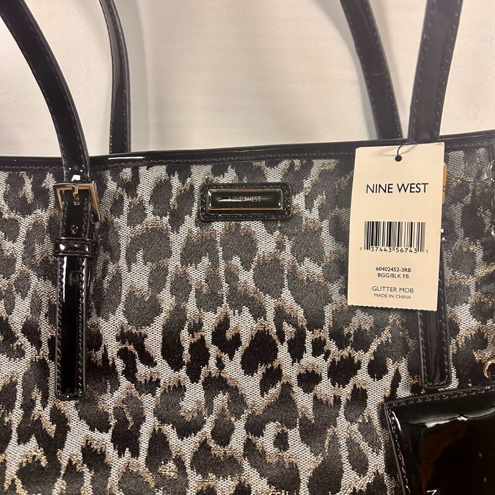 Nine West Glitter Mob Tote Purse Bag Leopard Print w/ Black Patent Trim New! - Picture 2 of 9